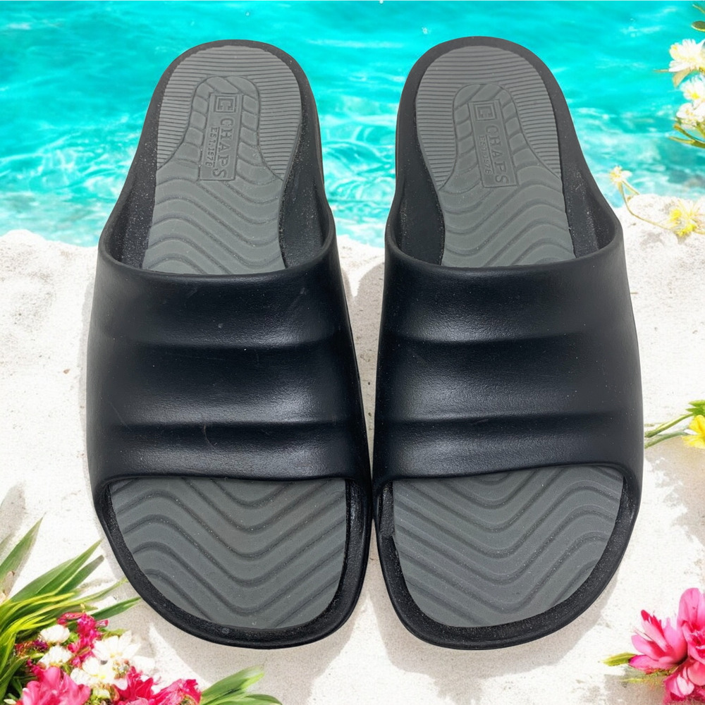Chaps Women's Sz 11 Cushion Comfort Slide Sandals Black PVC Pool Beach